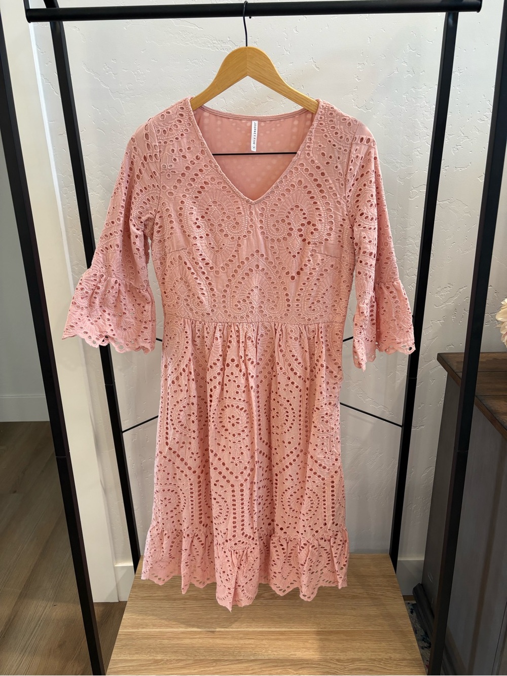 Womens Pink Eyelet Midi Dress with V-Neck